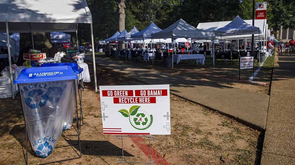 recycling bins on the quad set up for game day